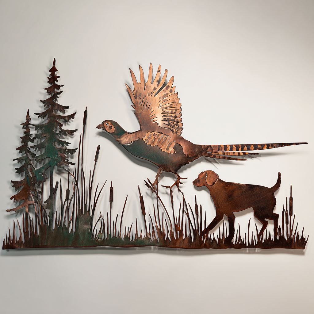 Pheasant Hunting Dog Metal Wall Art Northwoods Cabin Lodge Outdoor Wall Sign