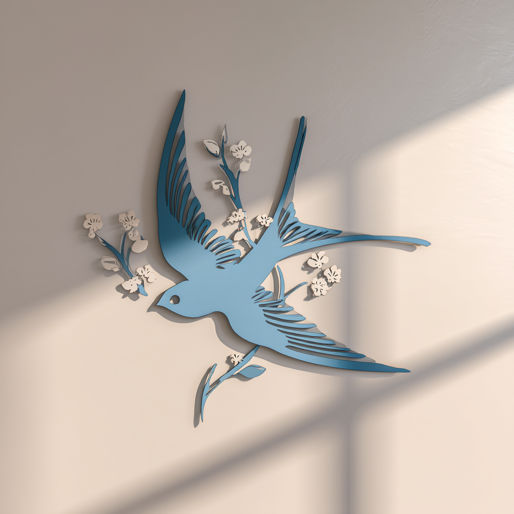 Swallow Bird Metal Wall Art – Blue Bird Forget Me Not Flower Sign Cottagecore Botanical Decor