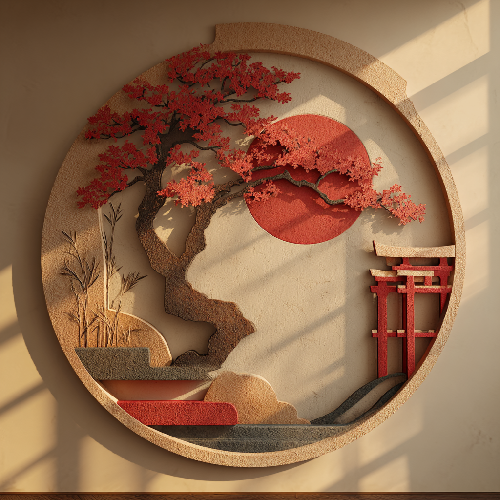 Japanese Torii Gate Metal Wall Art: Mount Fuji Sunset Zen Decor, Pine Tree Sign