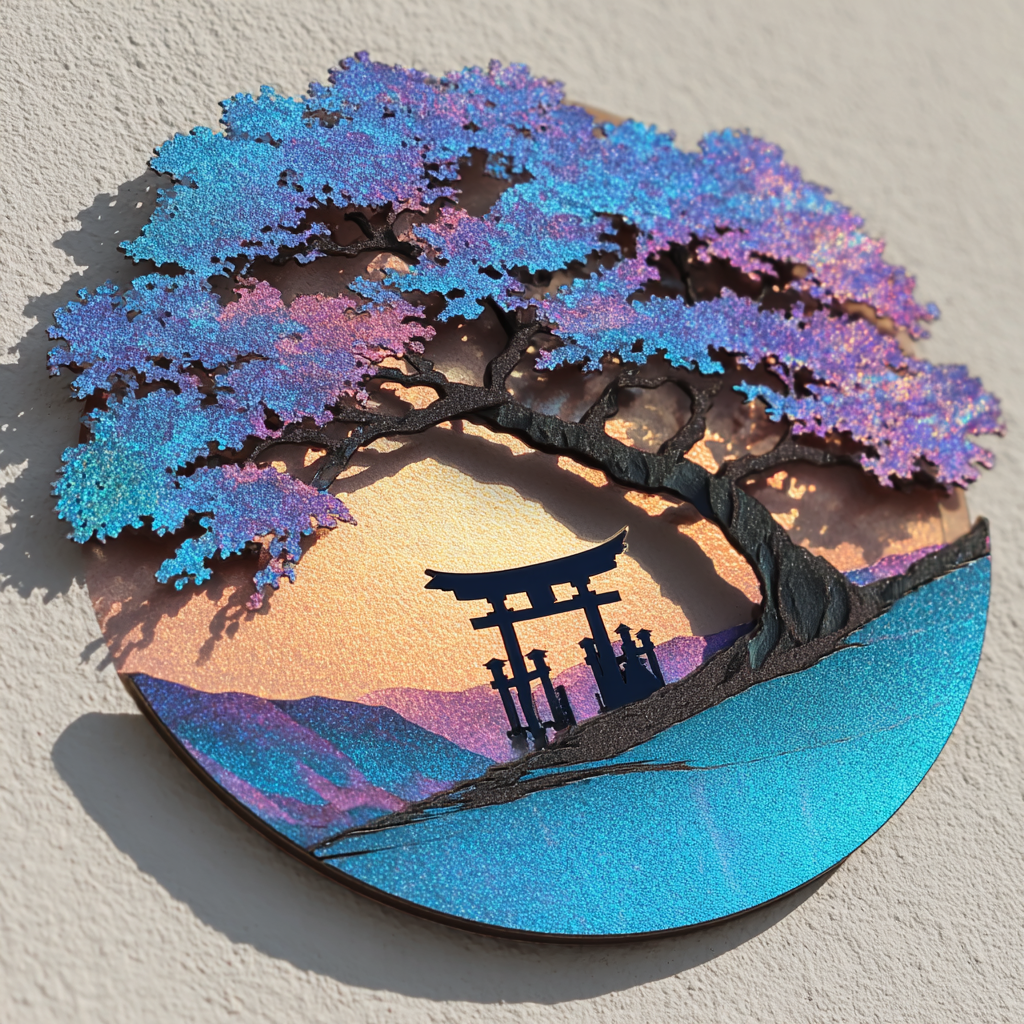 Japanese Sakura Tree Metal Wall Art Torii Gate Mountain Zen Decor Custom Shape Nature Wall Decor For Home Garden