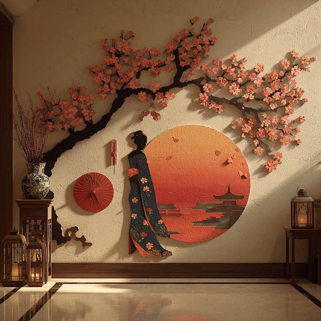 Japanese Geisha Metal Wall Art Sakura Moon Pagoda Mount Fuji