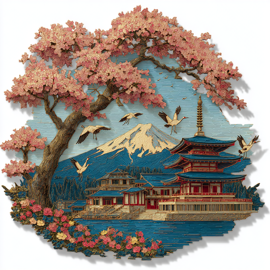 Japanese Pagoda Metal Wall Art Mount Fuji Sakura Tree Asian