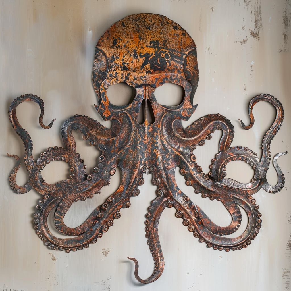 Skull Octopus Metal Wall Art – Dark Nautical Ocean Decor, Pirate Garden Sign