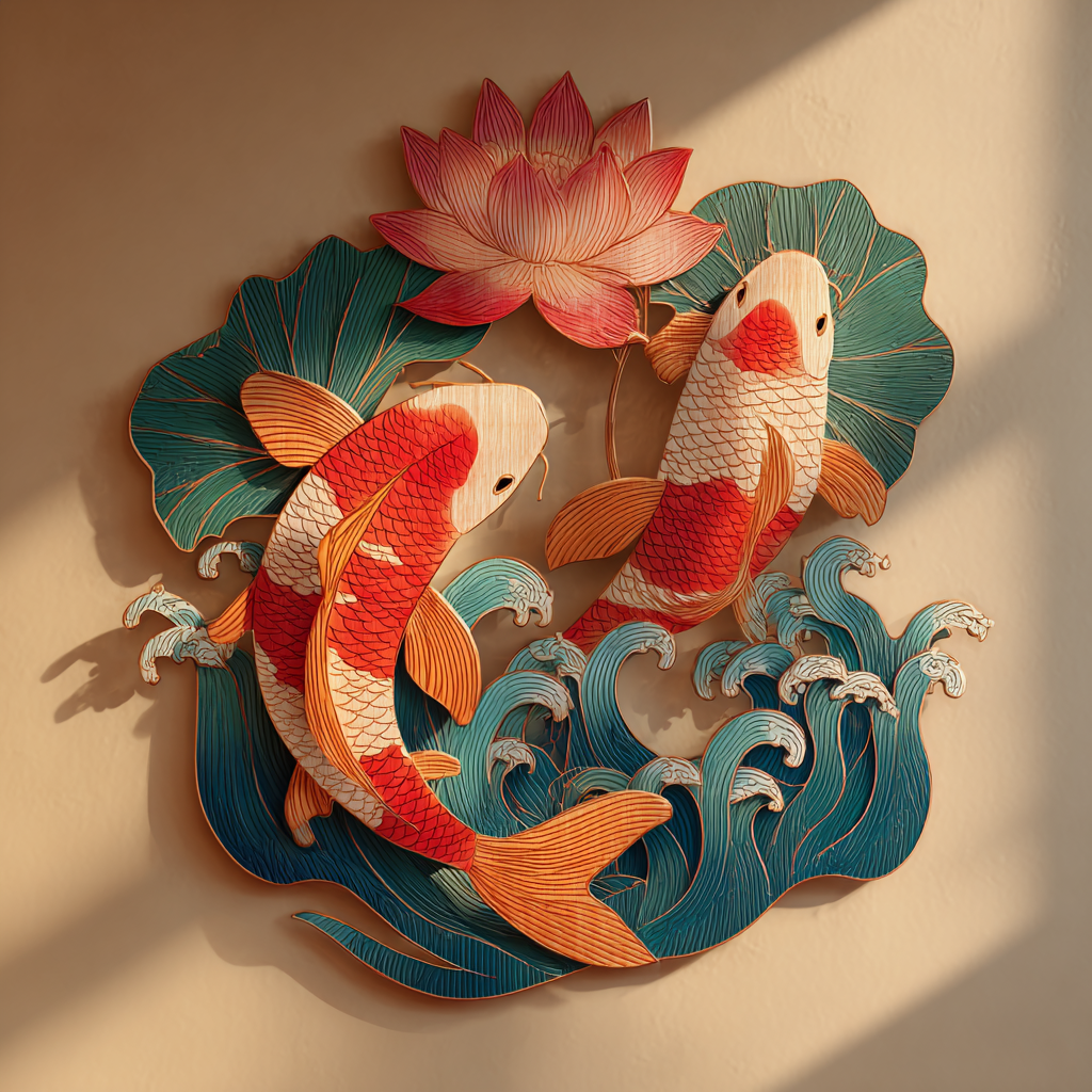 Koi Fish Pink Lotus Metal Wall Art, Zen Floral Decor for Patio & Meditation Room