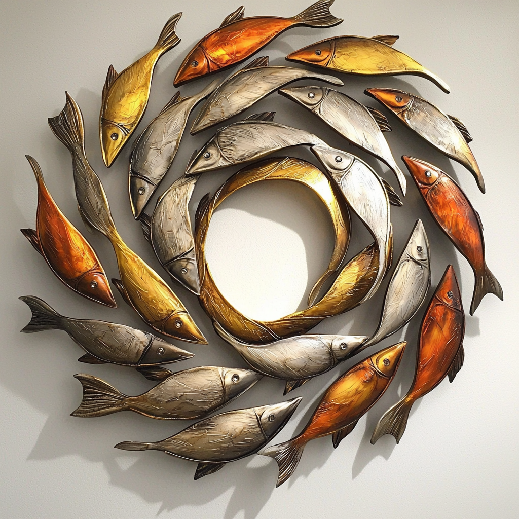 Silver School of Fish Metal Wall Art, Coastal Ocean Decor for Patio & Garden