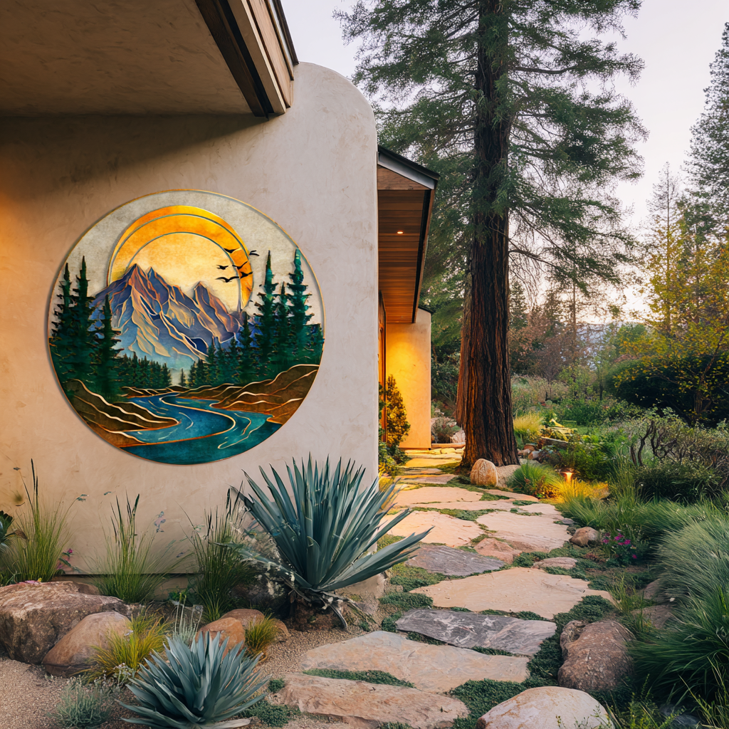 Mountain Sunrise Metal Wall Art, Forest River Sunburst Decor Sign