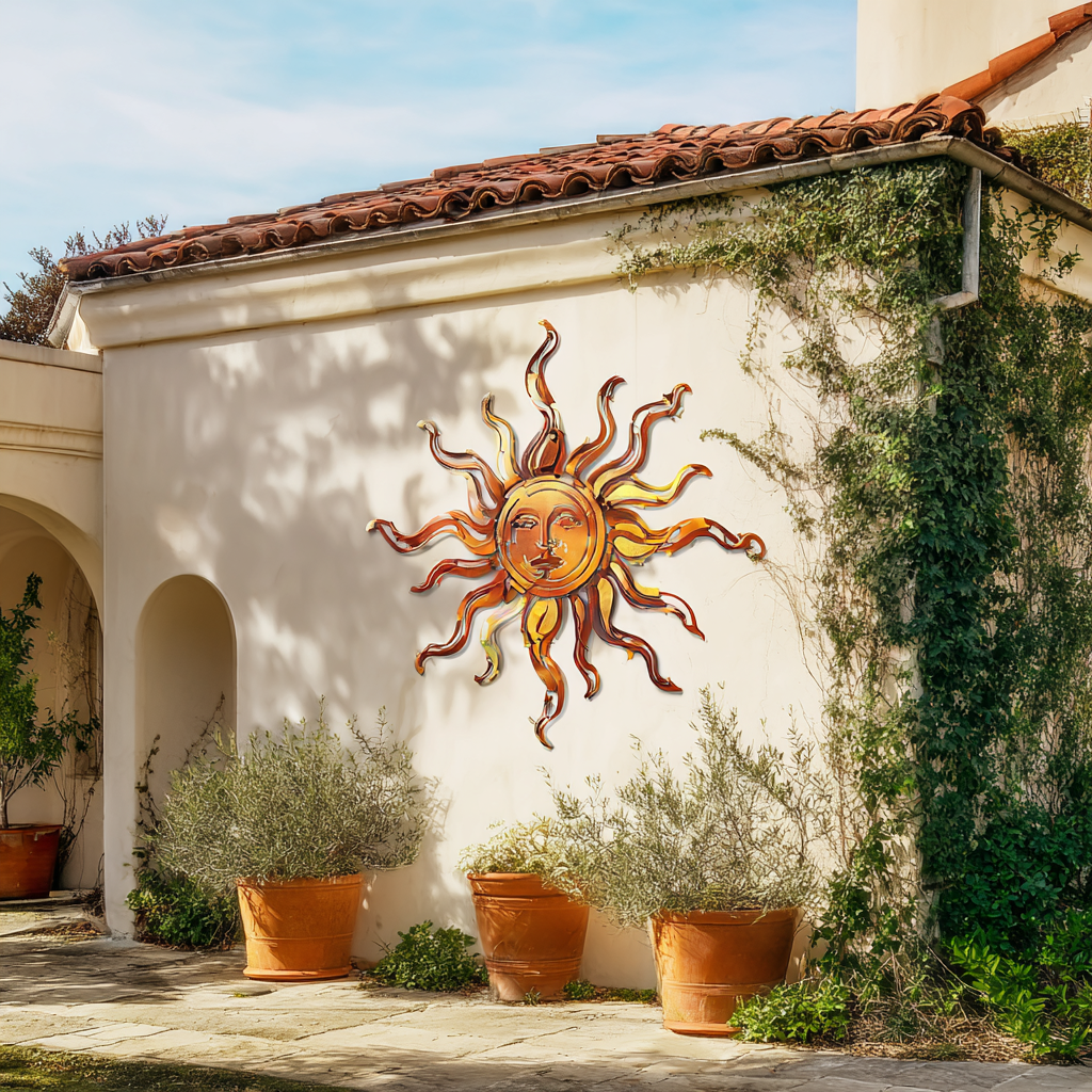 Mediterranean Sun Metal Wall Art, Boho Copper Celestial Decor for Patio Garden Outdoor Wall Sign