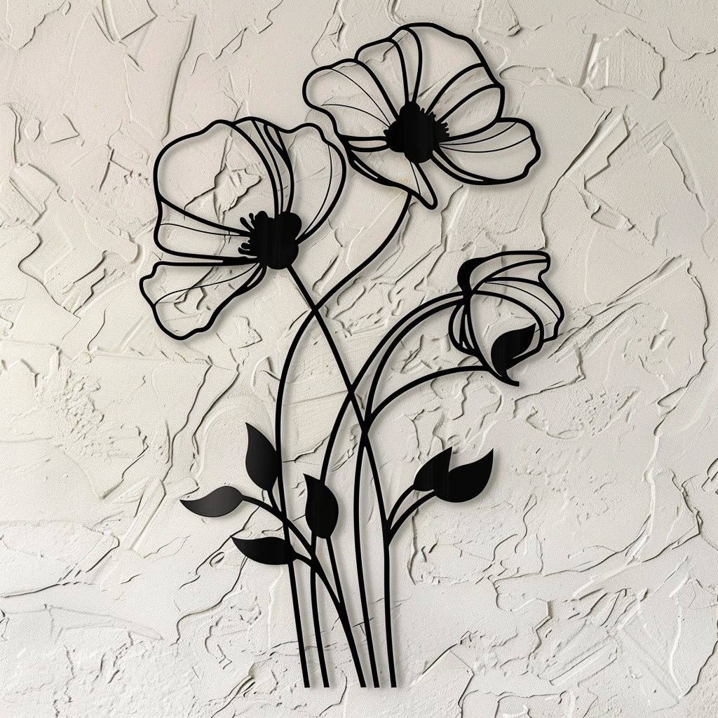 Poppy Flower Metal Wall Art, Botanical Garden Decor for Patio
