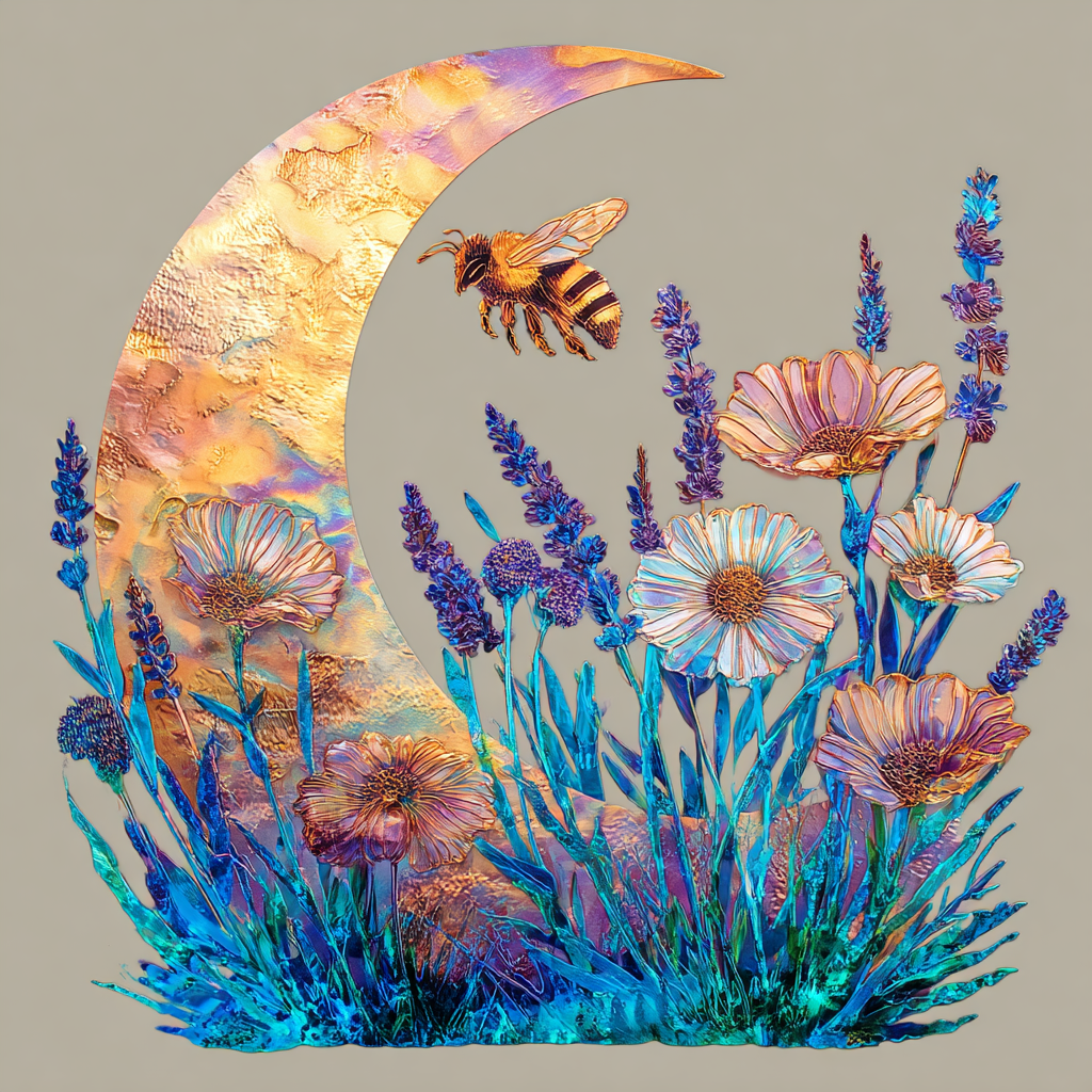 Bee Moon Flower Metal Wall Art Celestial Garden Boho Outdoor Wall Decor