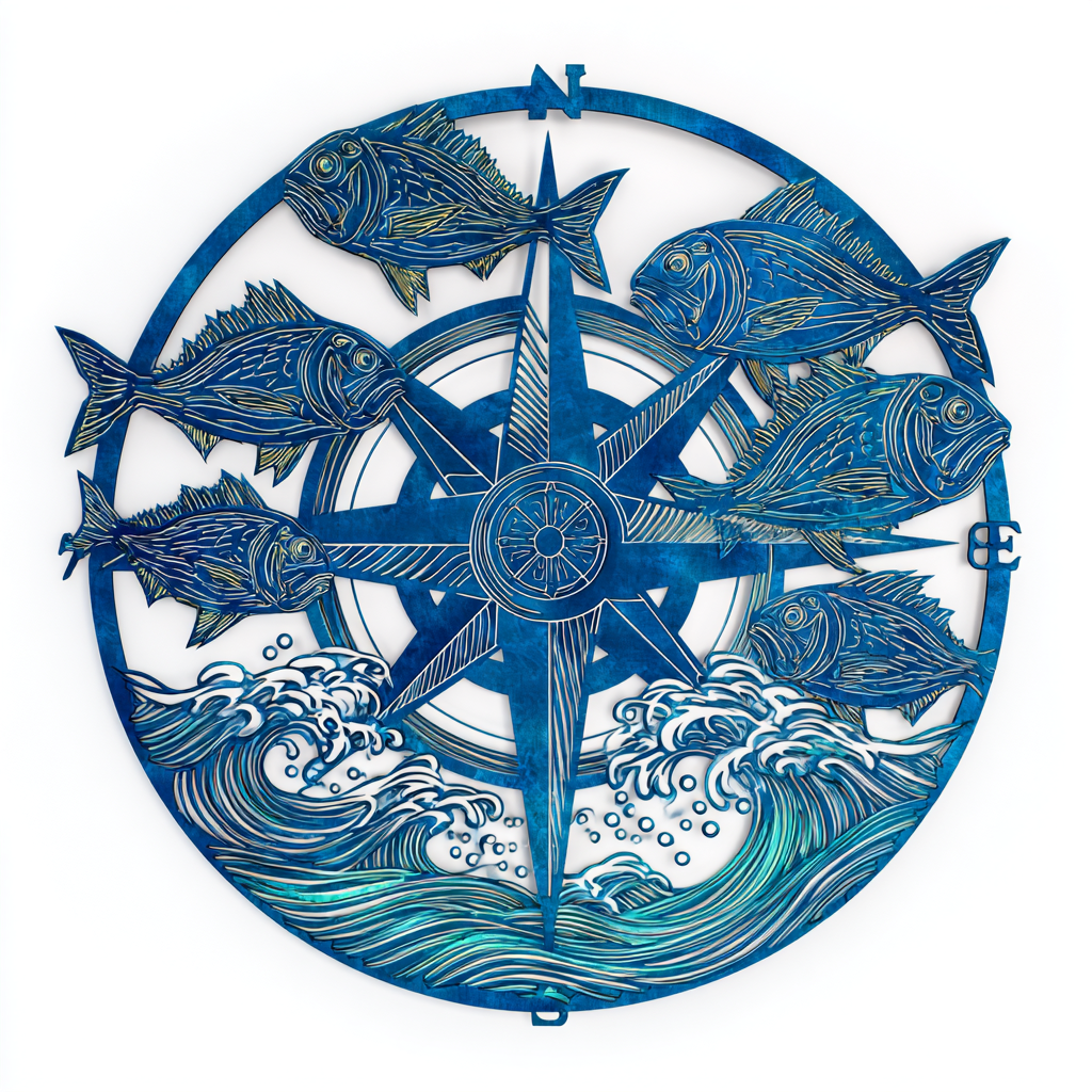 Fish Compass Metal Wall Art Nautical Coastal Ocean Beach House Wall Decor