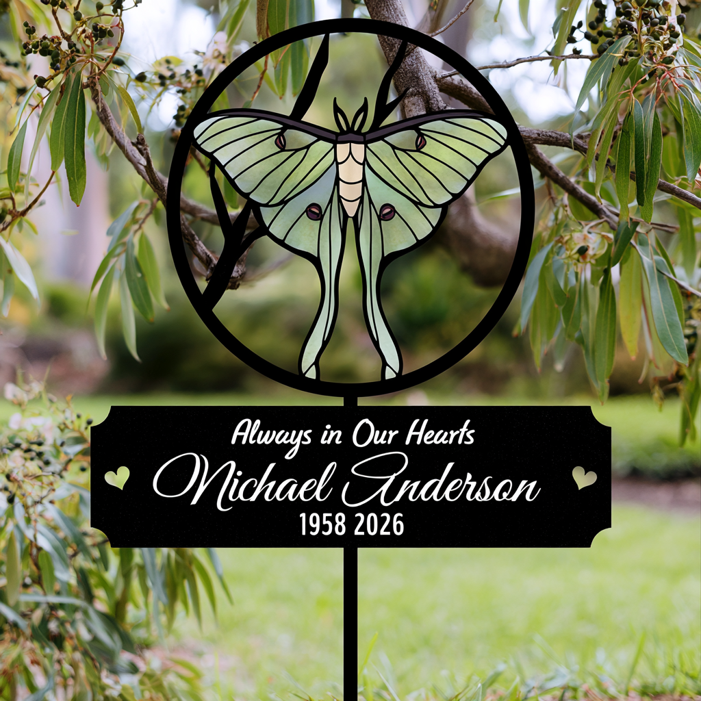 Luna Moth Memorial Garden Sign, Personalized Metal Sign Memorial Stake