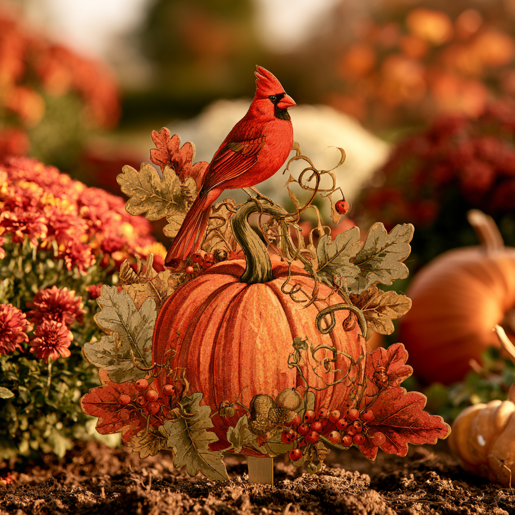 Cardinal Pumpkin Garden Stake, UV Printed Aluminum Fall Yard Art (2D)