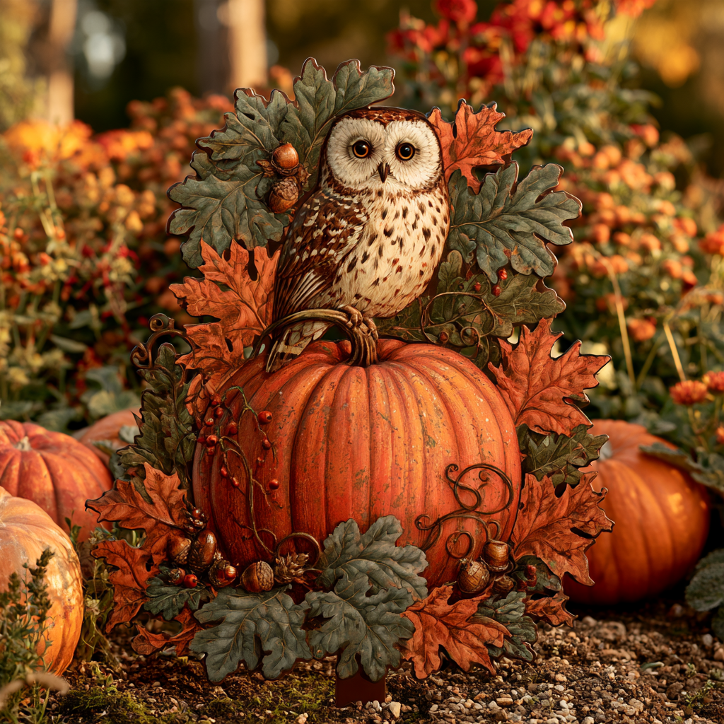 UV Printed Aluminum Owl Pumpkin Garden Stake, Rustic Fall Yard Art (2D Metal)