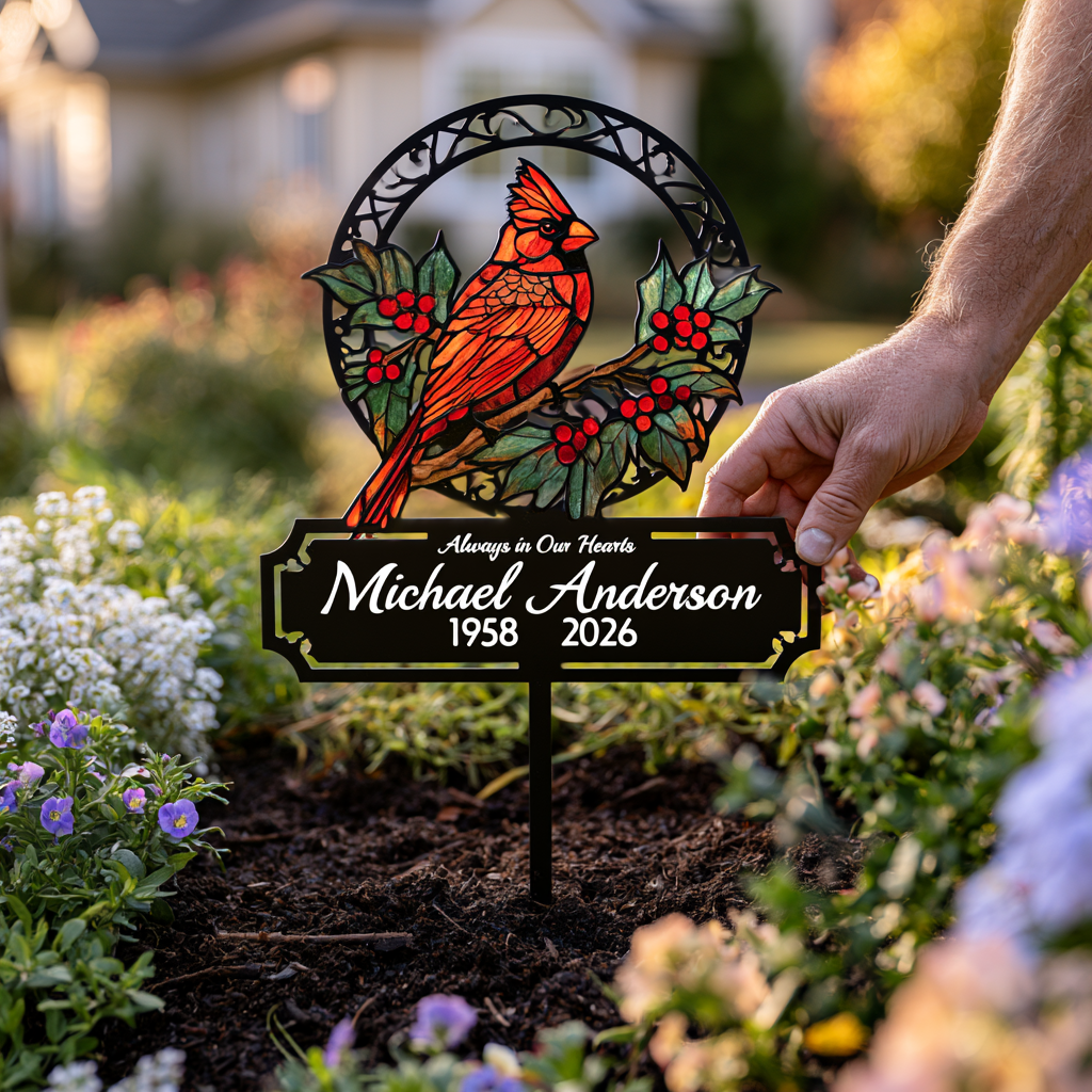 Personalized Cardinal Memorial Sign Garden, Metal Bird Memorial Stake