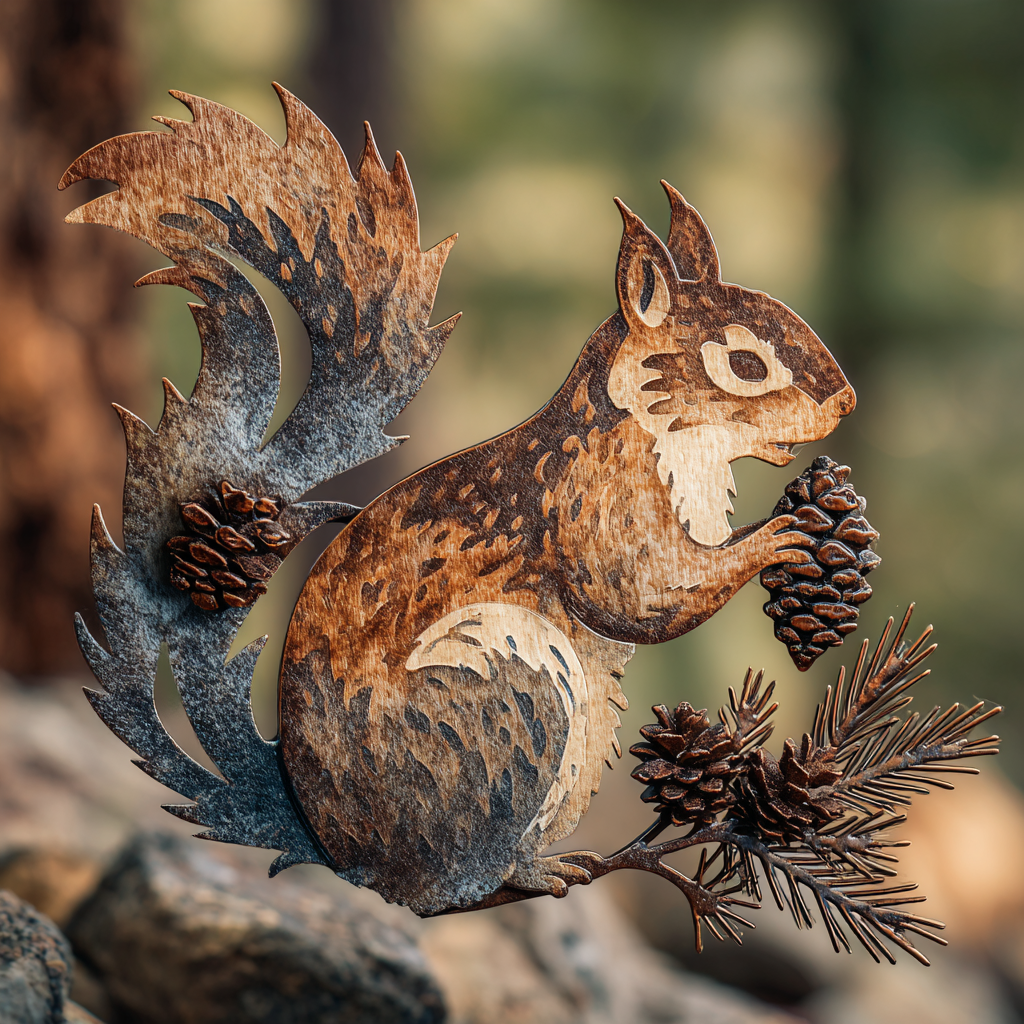 Squirrel Metal Wall Art Pine Branch Outdoor Decor Woodland Animal Metal Sign Rustic Garden Porch Wall Decor