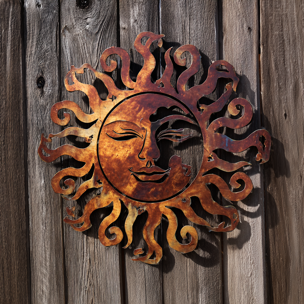 Rustic Sun Face Cloud Metal Wall Art Southwestern Garden Decor