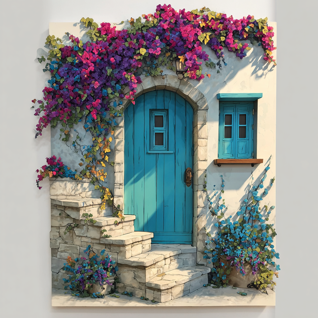 Mediterranean Blue Door Metal Wall Art Bougainvillea Decor
