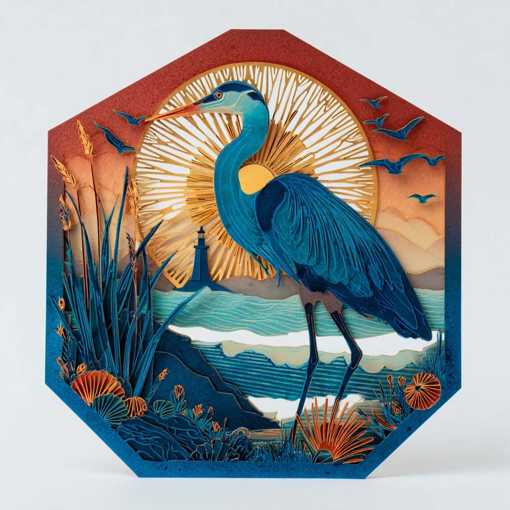Coastal Heron Metal Wall Art Ocean Sunburst Beach House Decor