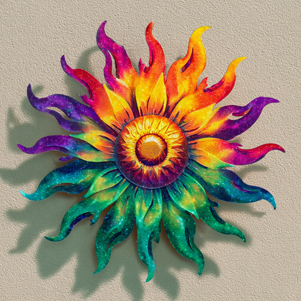 Rainbow Flame Sunburst Metal Wall Art Colorful Boho Garden Decor Sign