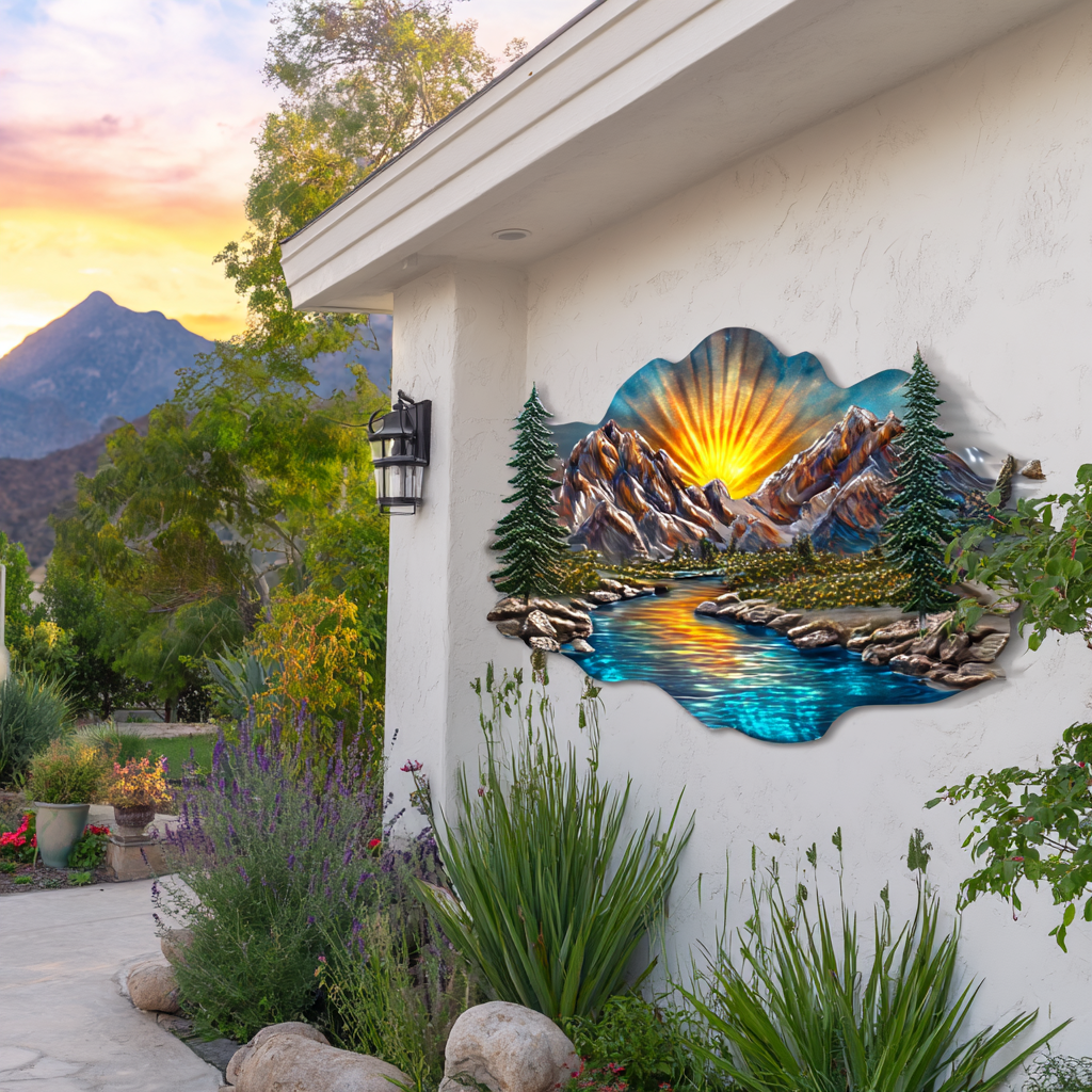 Mountain Sunrise Metal Wall Art Outdoor Patio Garden Decor Sign