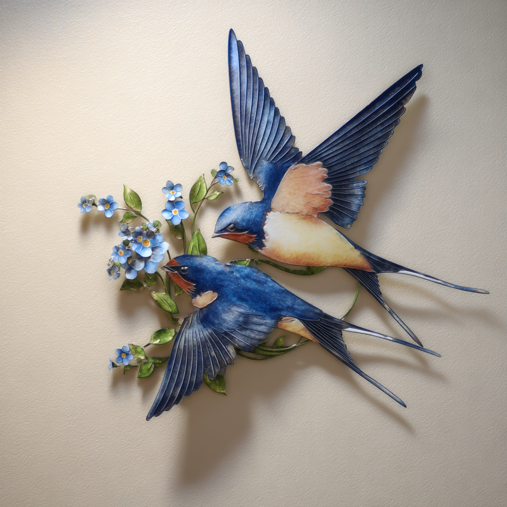 Swallow Bird Metal Wall Art – Blue Bird Forget Me Not Flower Sign Cottagecore