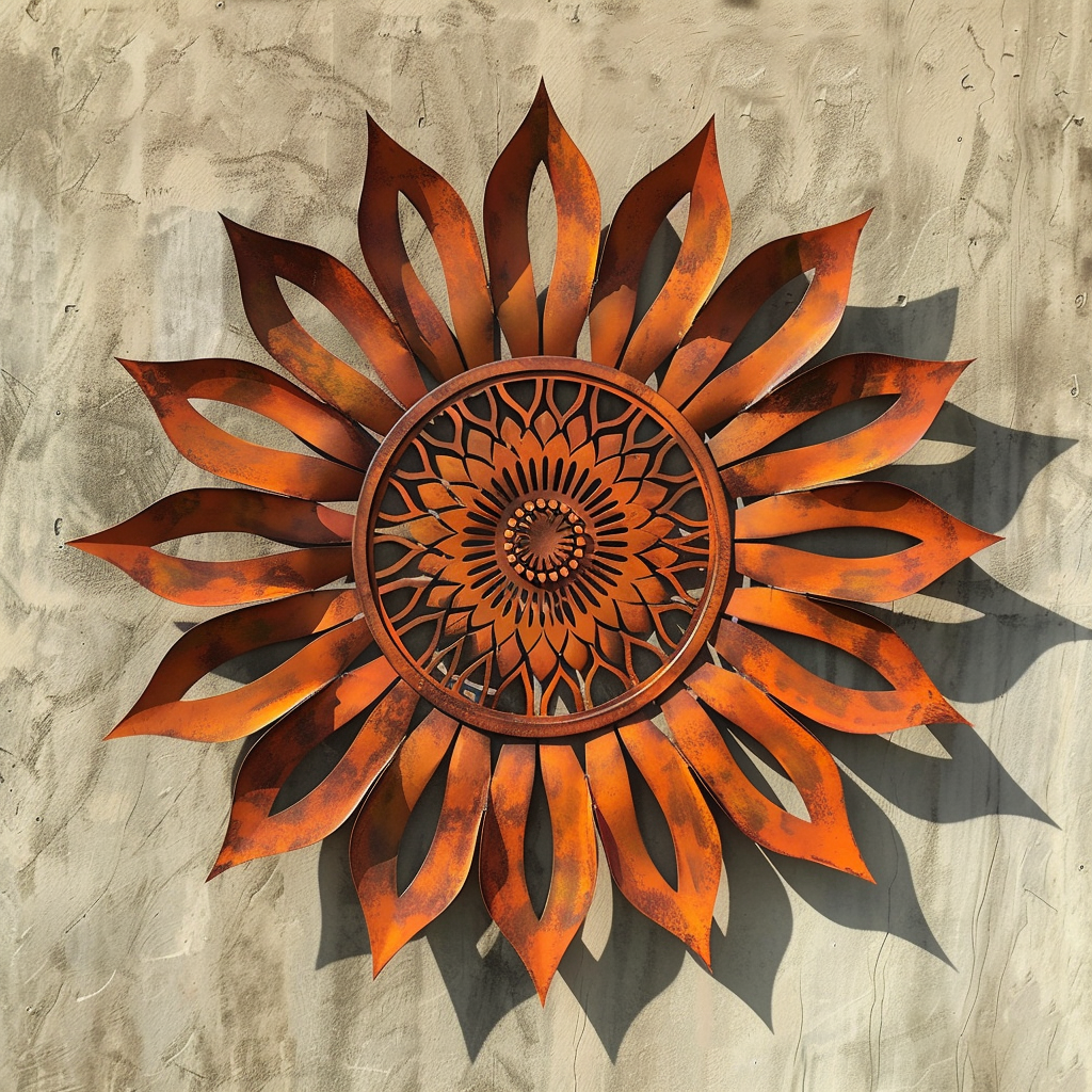 Sunflower Sunburst Metal Wall Art – Floral Boho Garden Decor Sign