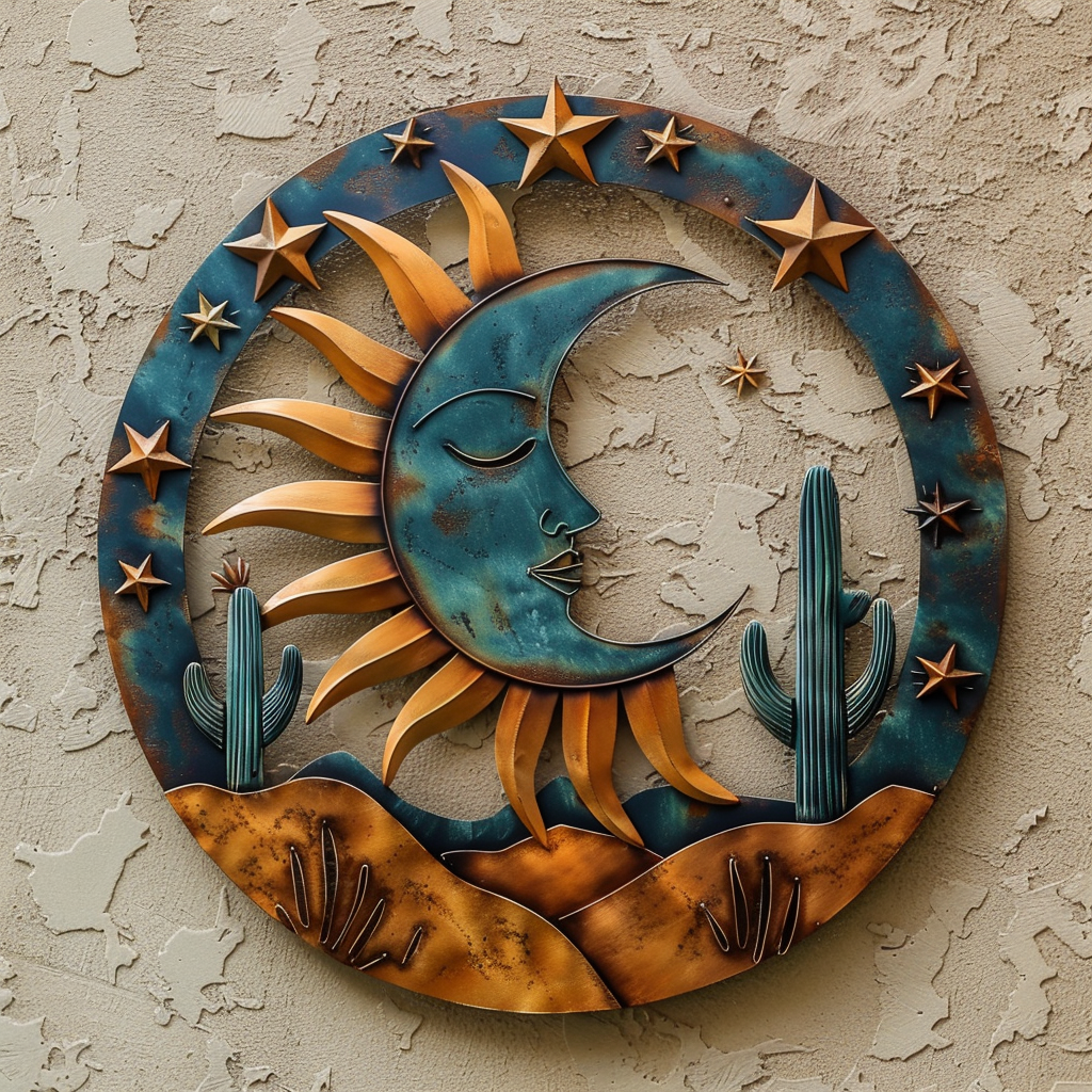 Sun Moon Cactus Metal Wall Art, Southwestern Desert Decor for Patio