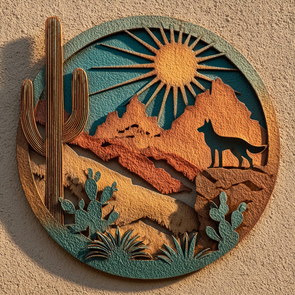 Southwestern Desert Metal Wall Art Cactus Sun Mountain Decor Arizona Outdoor Patio Metal Sign