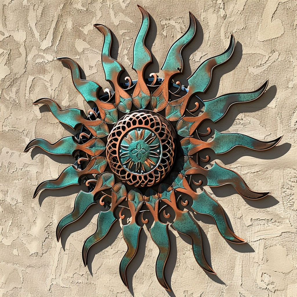 Southwestern Sunburst Metal Wall Art, Turquoise Orange Sun Decor for Patio