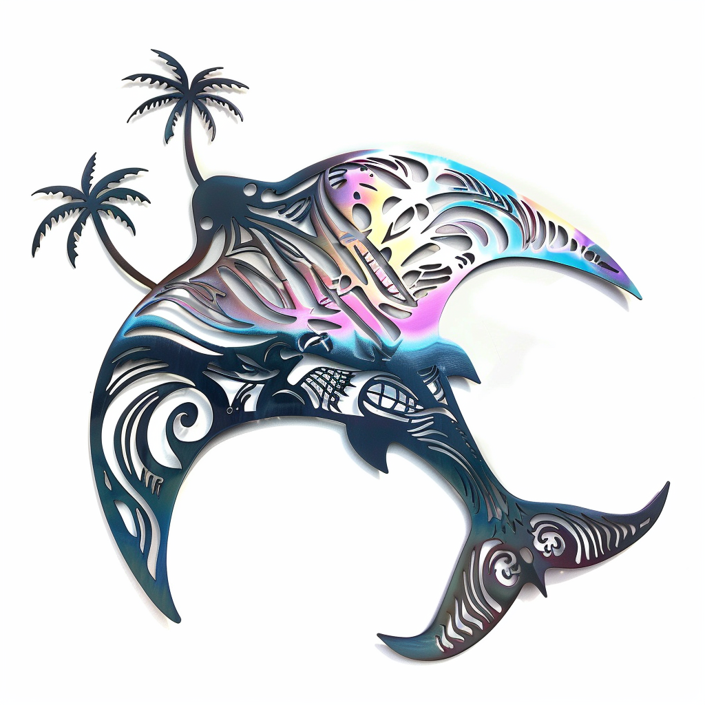 Holographic Stingray Palm Tree Metal Wall Art – Tropical Ocean Garden Decor Sign