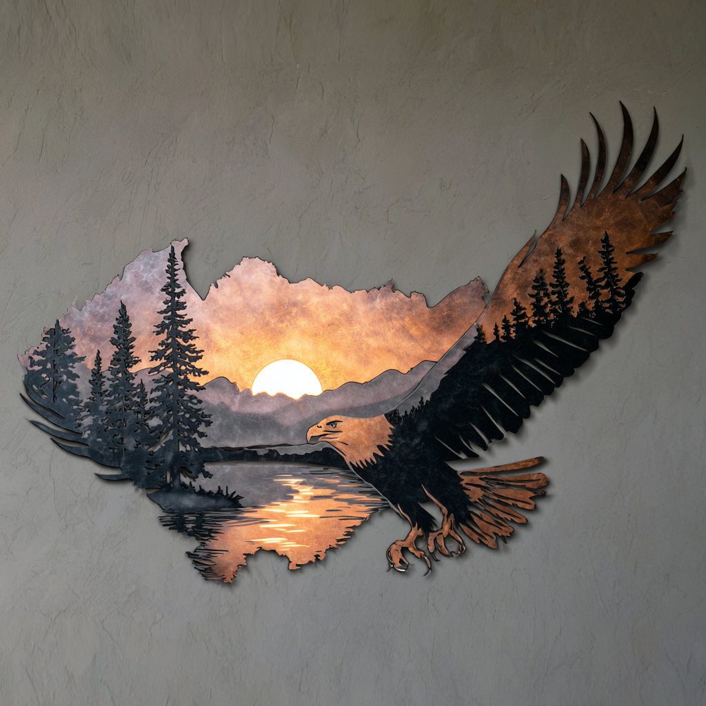 Sunset Eagle Metal Wall Art Bald Eagle Mountain Cabin Outdoor Lodge Wall Sign