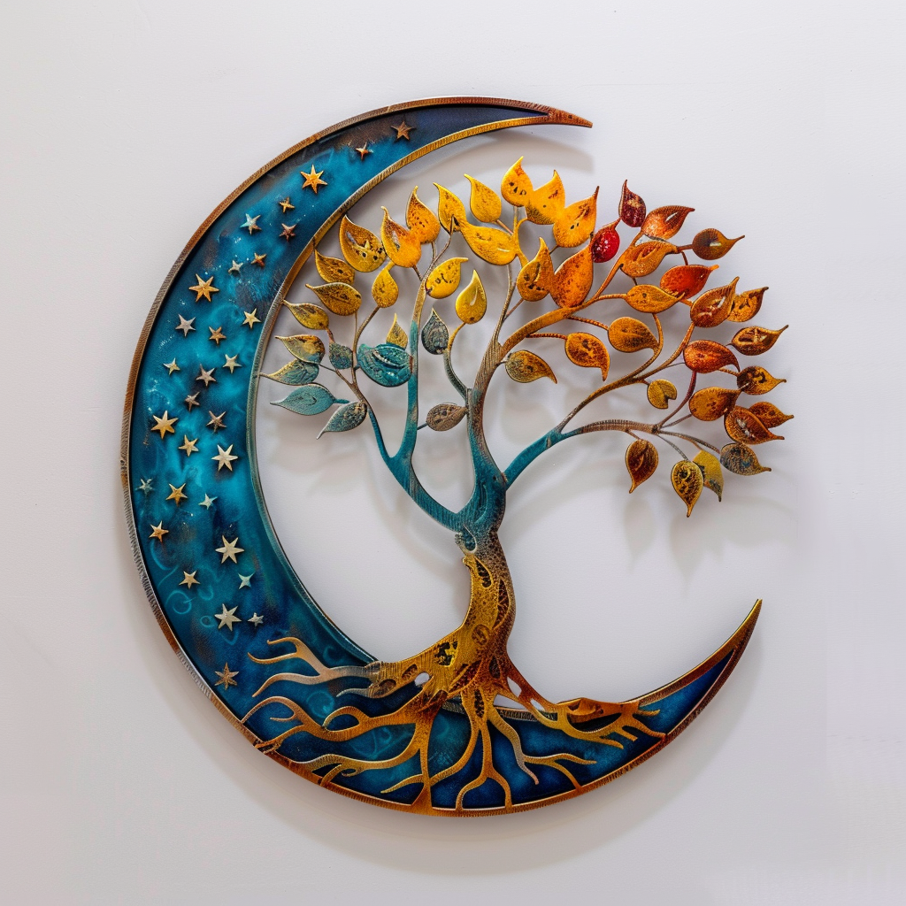 Colorful Moon Tree of Life Metal Wall Art – Celestial Spiritual Garden Sign