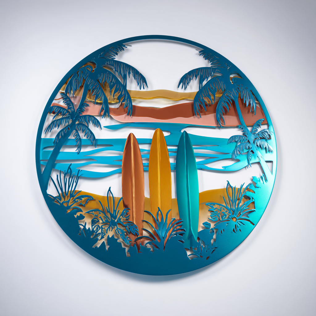 Tropical Surfboard Metal Wall Art UV Printed Beach Sunset Coastal Decor