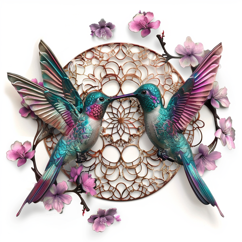 Couple Hummingbird Cherry Blossom Metal Wall Art – Floral Bird Garden Decor Sign