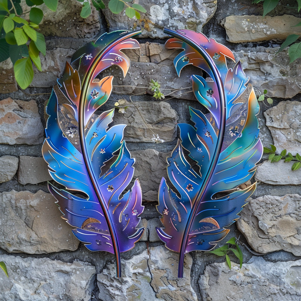 Holographic Feather Metal Wall Art, Boho Celestial Garden Decor