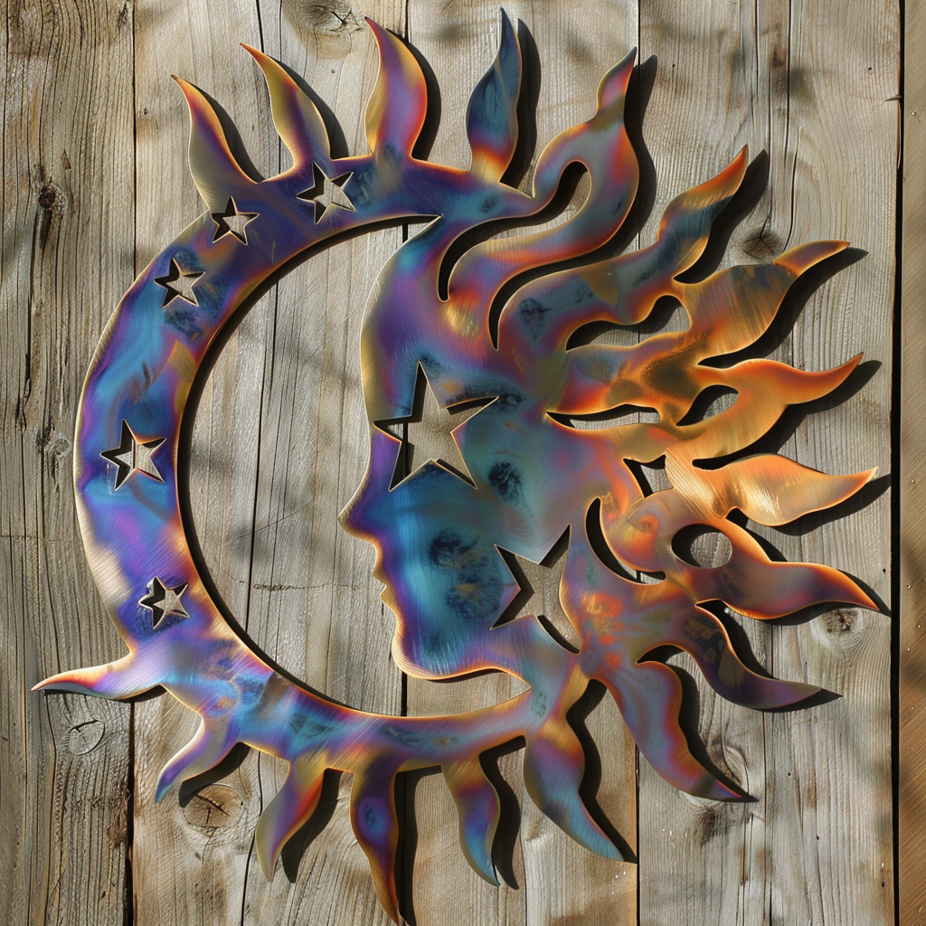 Holographic Sun Moon Stars Metal Wall Art – Celestial Sunburst Garden Decor Sign