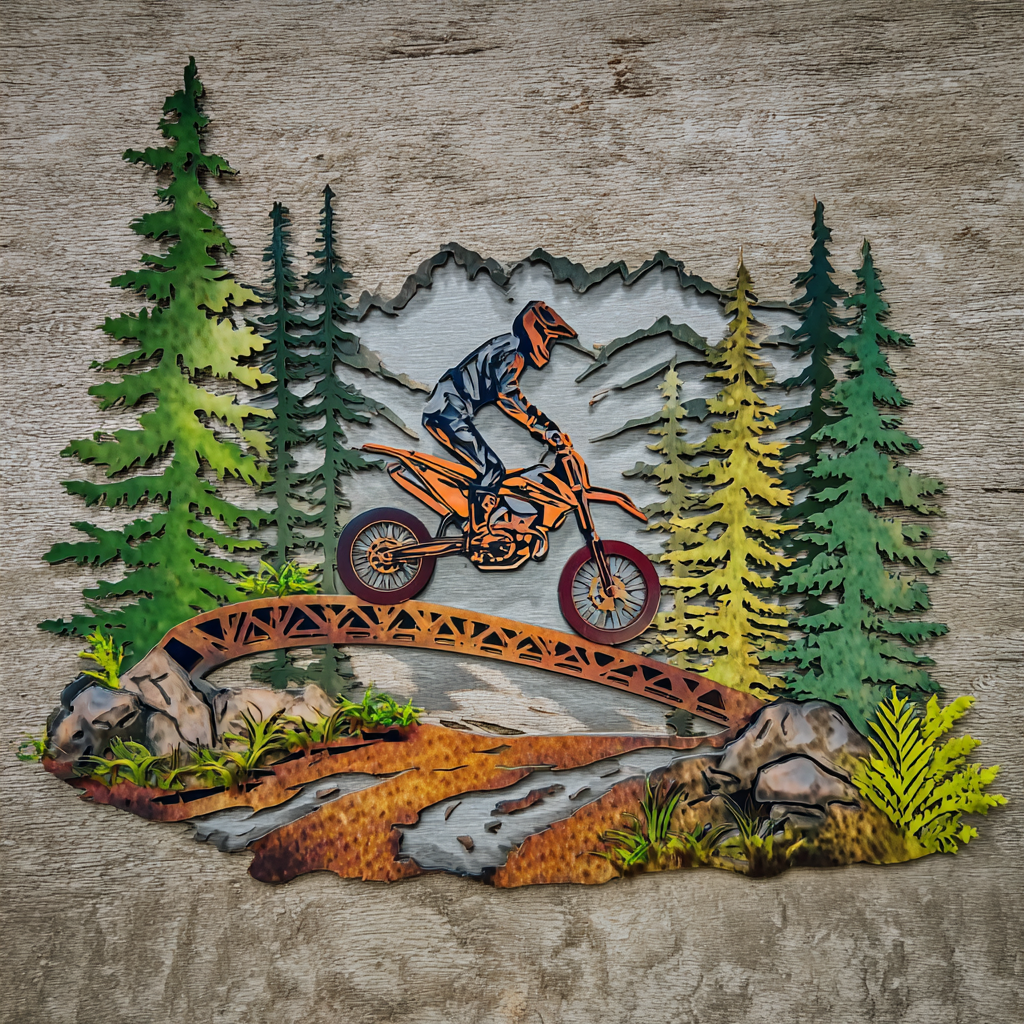 Dirt Bike Mountain Metal Wall Art, Personalized Motocross Decor for Patio