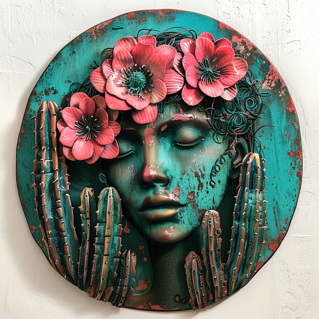 Cactus Girl Metal Wall Art Desert Woman Decor Southwestern Wall Hanging Boho Garden Patio Outdoor Sign
