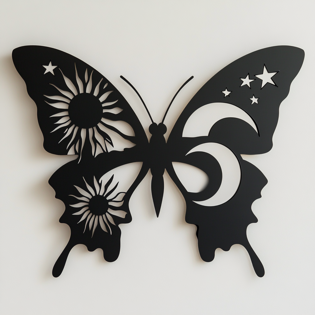 Black Butterfly Sun Moon Metal Wall Art, Celestial Boho Decor for Patio & Garden