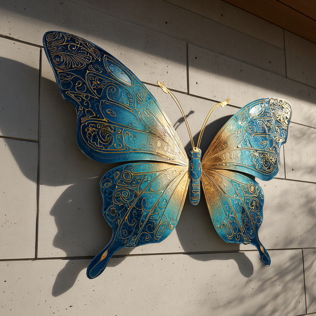 Blue Butterfly Flower Metal Wall Art – Vintage Floral Garden Decor Sign