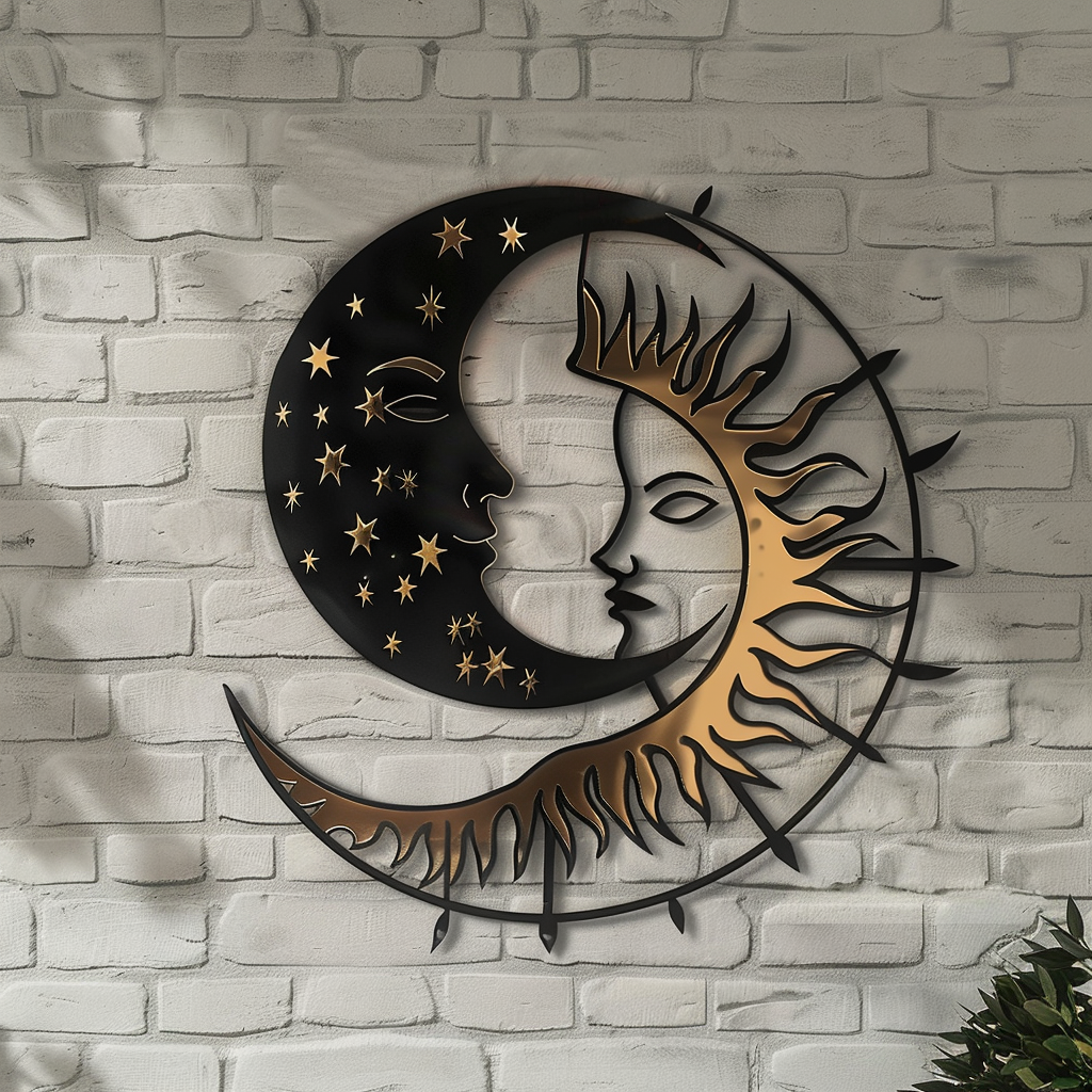 Celestial Sun Moon Metal Wall Art – Black Gold Boho Cosmic Garden Decor