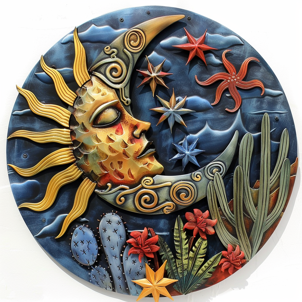 Southwestern Sun Moon Cactus Metal Wall Art, Desert Celestial Decor for Patio