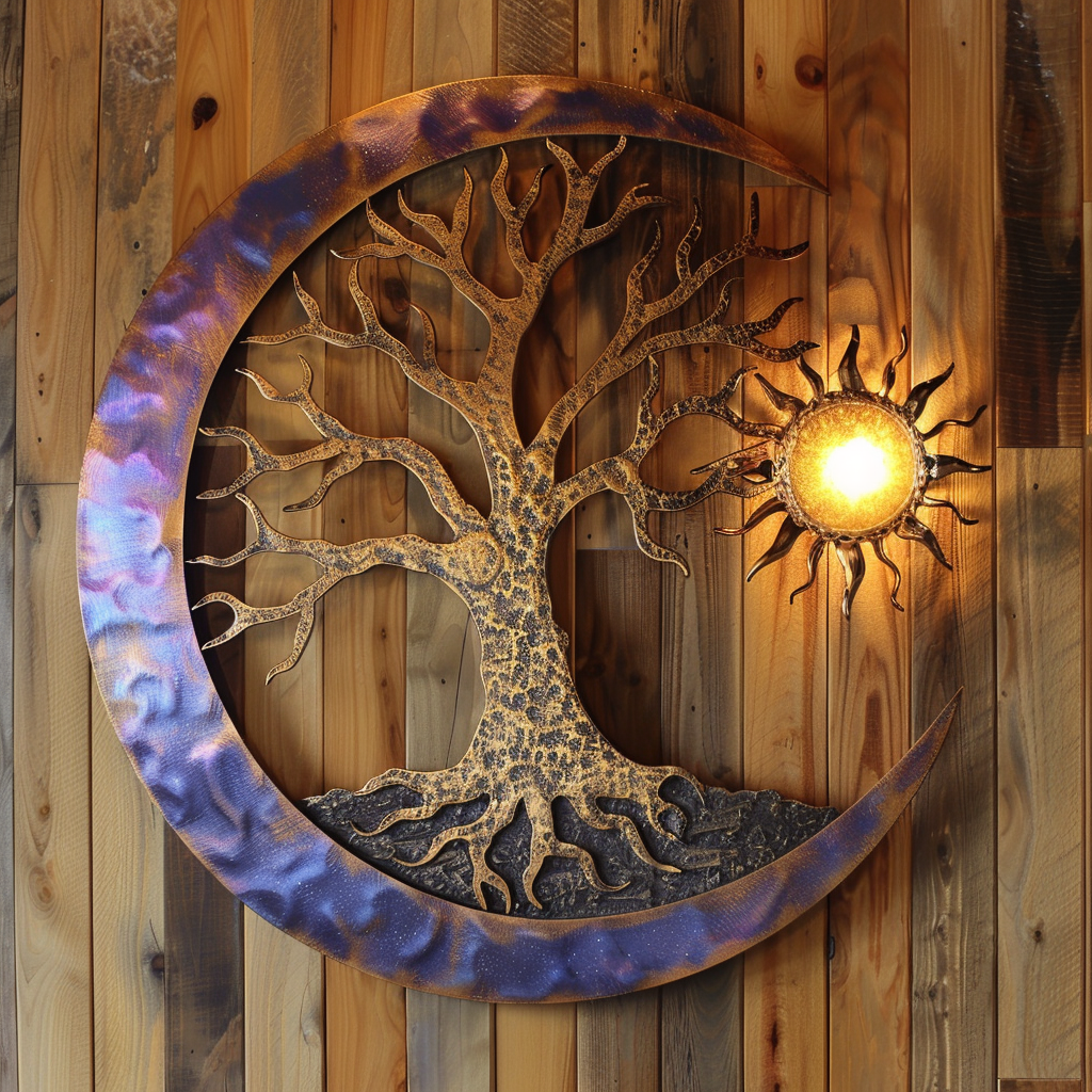 Celestial Tree of Life Metal Wall Art – Sun Moon Spiritual Nature Decor V1