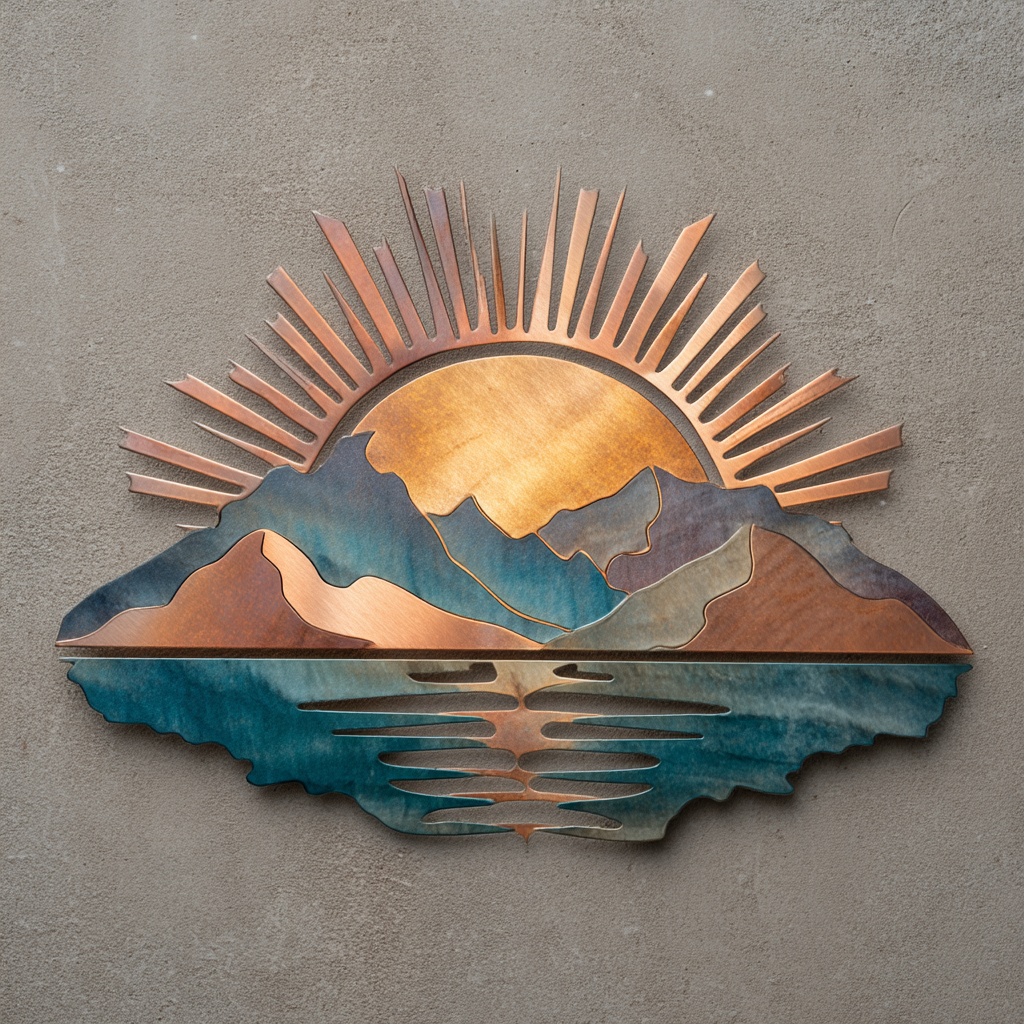 Sunburst Mountain Forest Metal Wall Art, Rustic Cabin Nature Decor for Patio