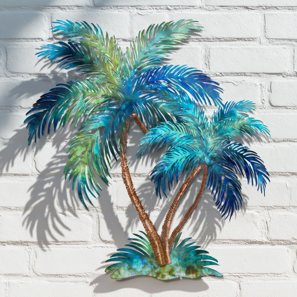 Caribbean Blue Palm Tree Metal Wall Art, Tropical Coastal Beach Decor