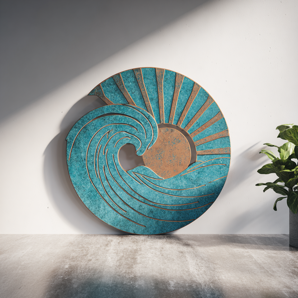 Sun Wave Beach Metal Wall Art, Coastal Ocean Decor for Patio & Garden V2