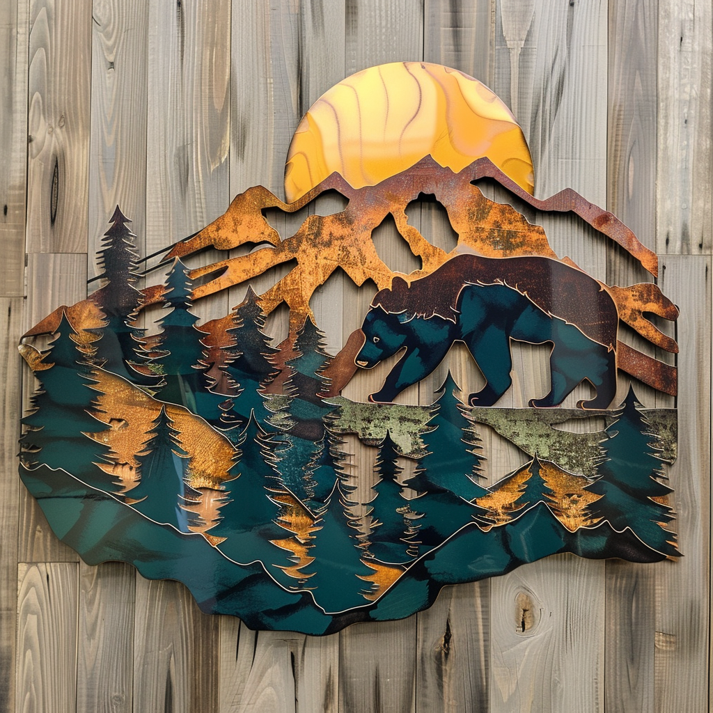 Bear Mountain Sunrise Metal Wall Art, Nature Landscape Decor for Patio