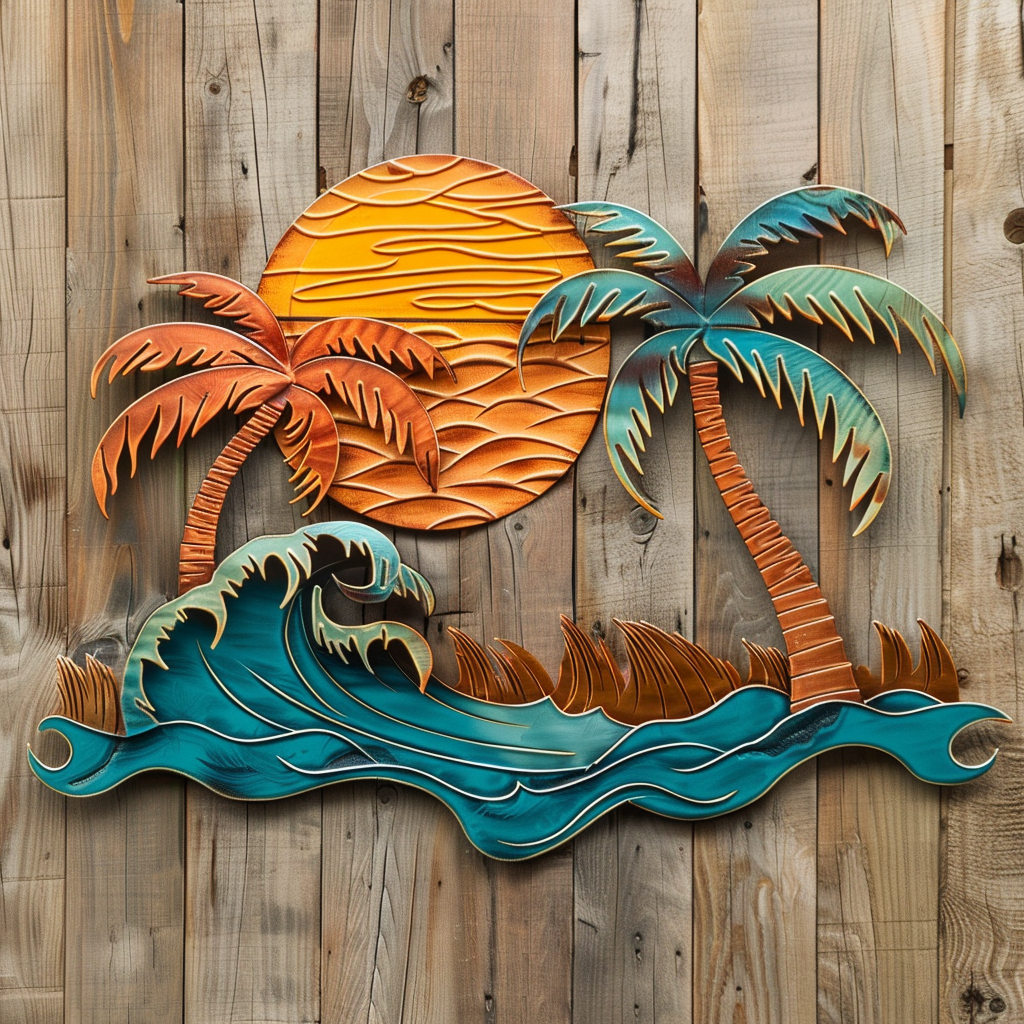 Coconut Sunset Beach Metal Wall Art, Tropical Coastal Decor for Patio