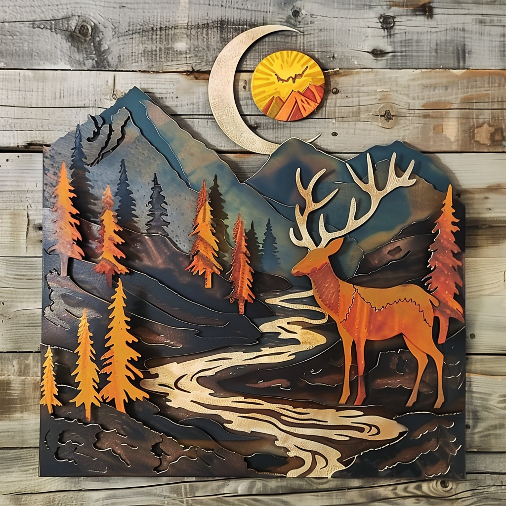 Deer Mountain Sunrise Metal Wall Art, Nature Landscape Decor for Patio