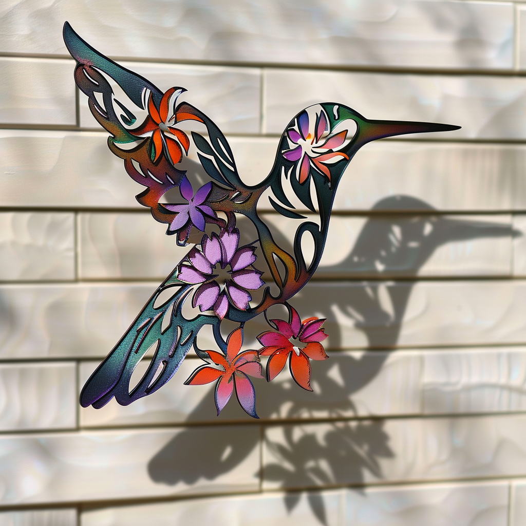 Hummingbird Floral Metal Wall Art – Bird Flower Garden Decor Sign